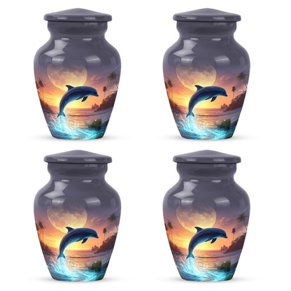 Dove Gray Dolphin Cremation Urn side profile showing urn shape - timeless dolphin motif etched into premium metal - 10 inch aluminum urn for cremated remains