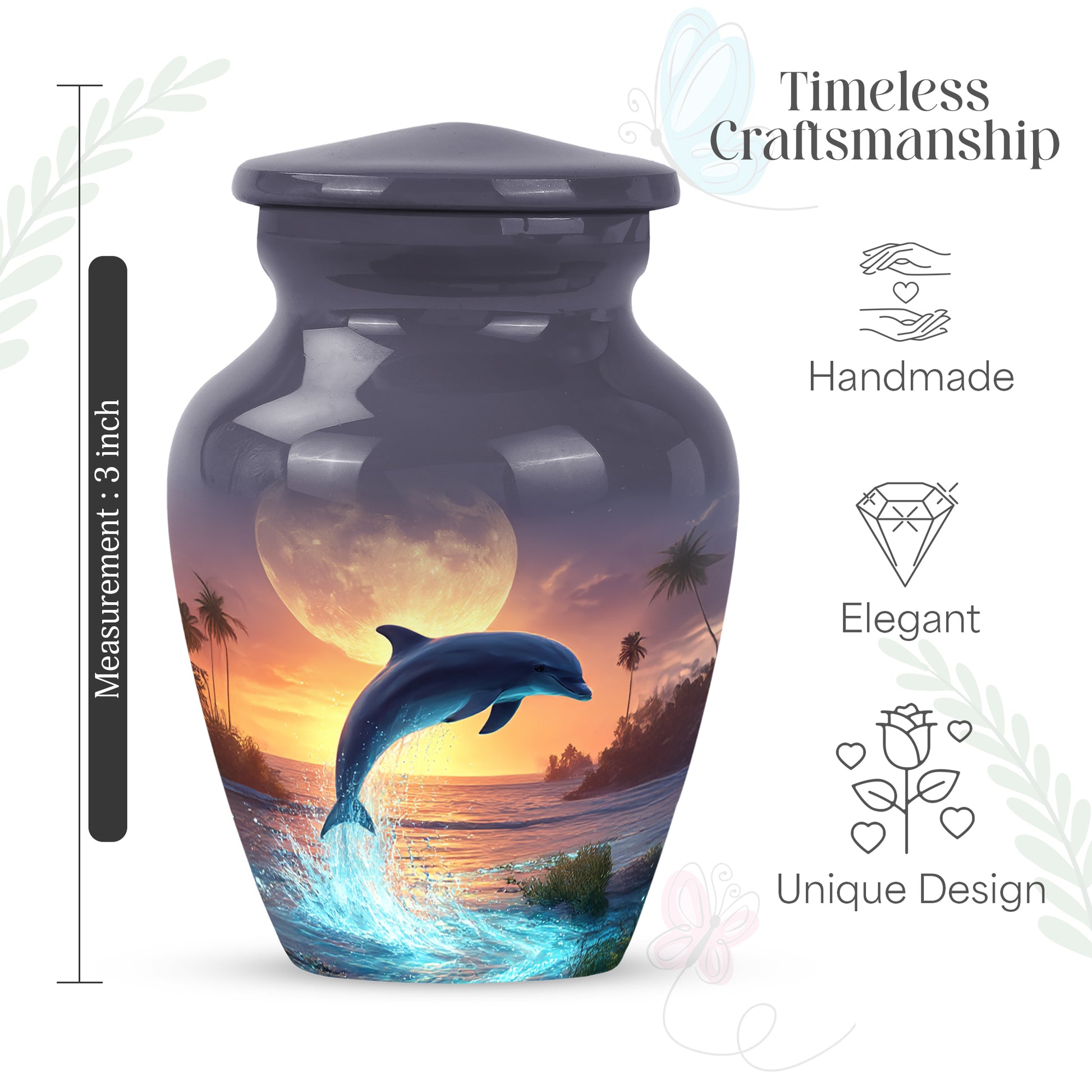 Pewter Gray Dolphin Cremation Urn close-up of engraving and surface detail - timeless dolphin motif etched into premium metal - mini keepsake memorial for portion of cremation ashes