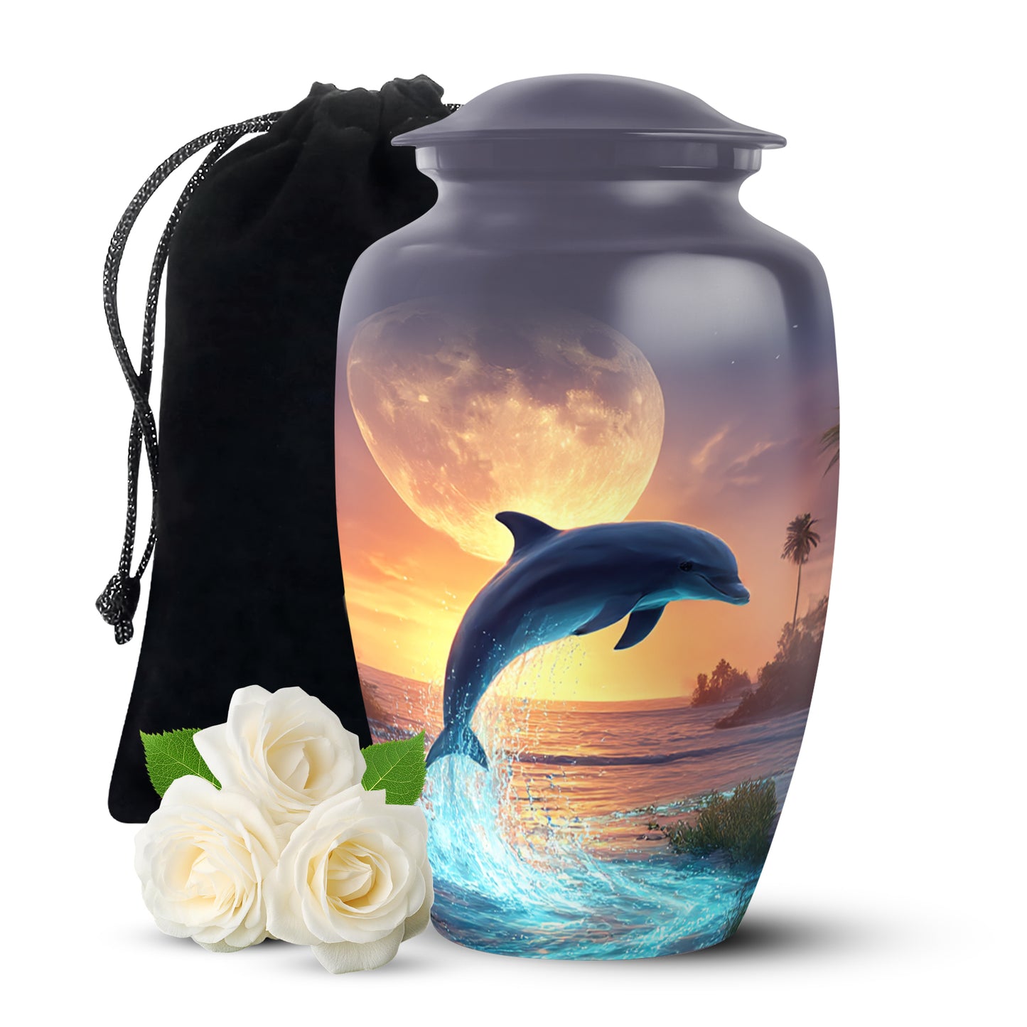 Dove Gray Dolphin Cremation Urn angled view of lid and engraved motif - classic sculpted dolphin pattern on smooth aluminum - full-size 10 inch 200 cubic inch adult cremation urn