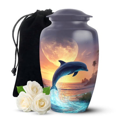 Dove Gray Dolphin Cremation Urn angled view of lid and engraved motif - classic sculpted dolphin pattern on smooth aluminum - full-size 10 inch 200 cubic inch adult cremation urn