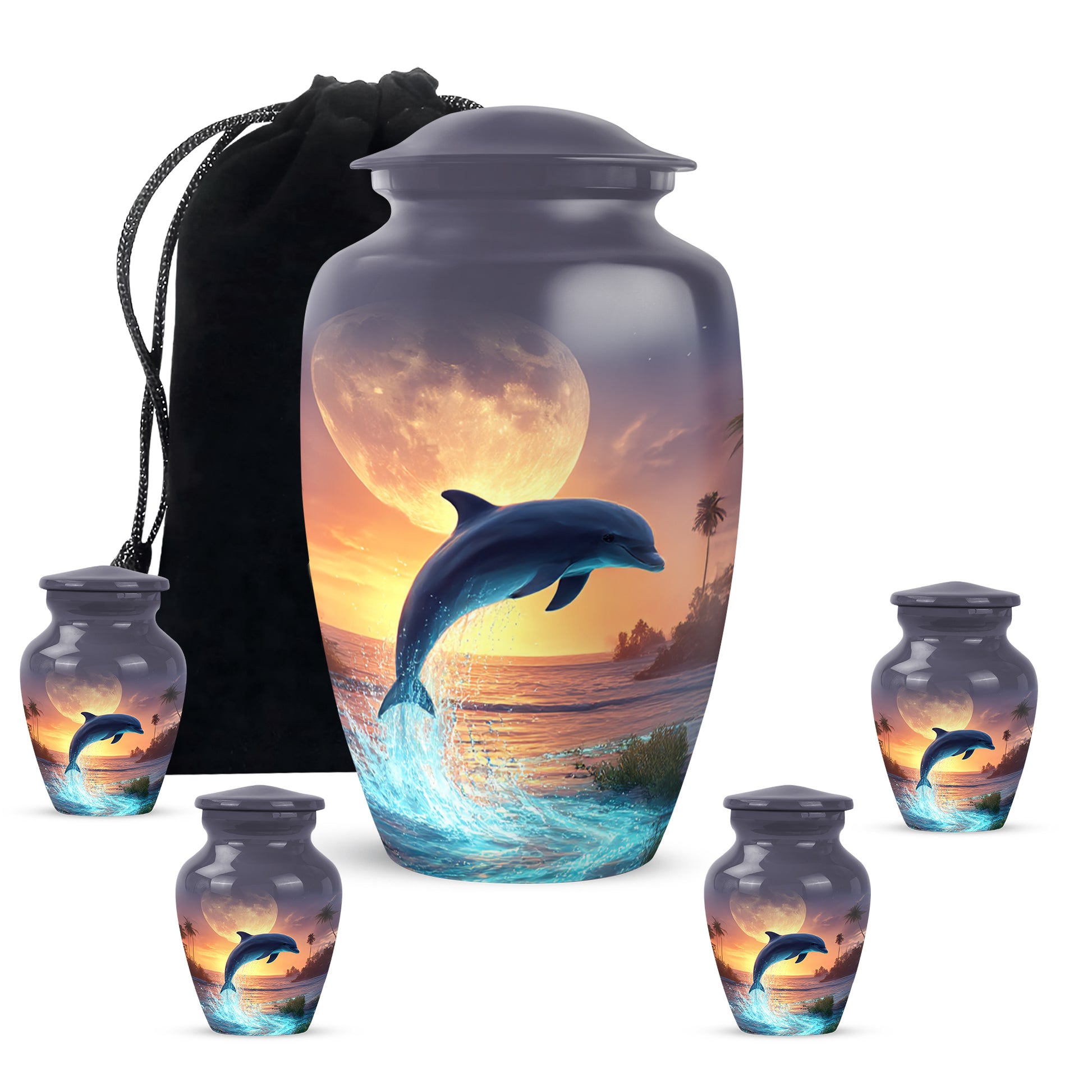 Smoke Gray Dolphin Cremation Urn top-down view of secure threaded lid - traditional dolphin engraving with hand-polished finish - memorial set with one large and four small urns