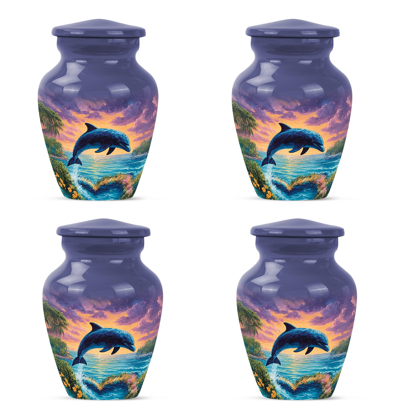 Sapphire Blue Dolphin Cremation Urn side profile showing urn shape - elegant classic dolphin relief with fine detailing - 10 inch aluminum urn for cremated remains