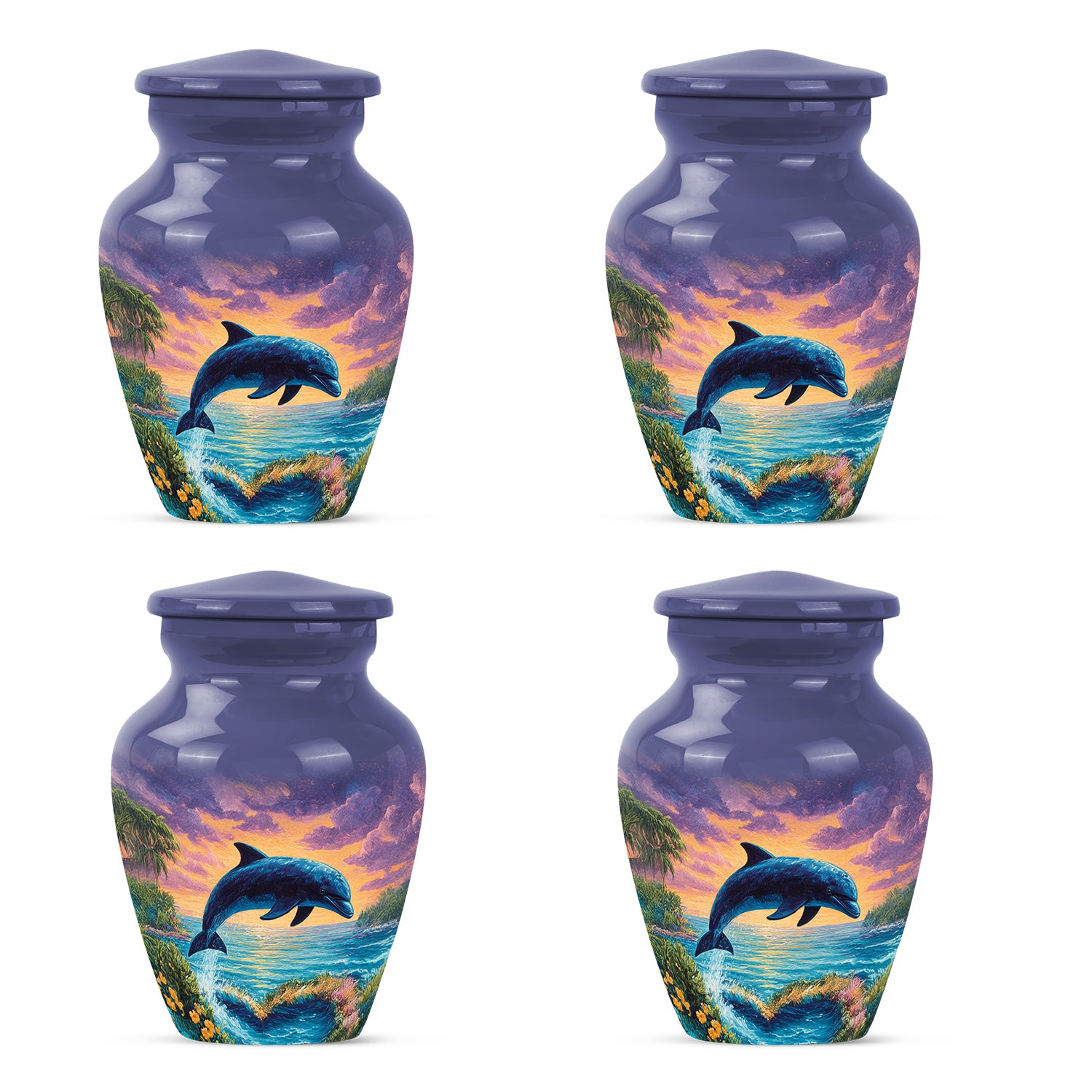 Sapphire Blue Dolphin Cremation Urn side profile showing urn shape - elegant classic dolphin relief with fine detailing - 10 inch aluminum urn for cremated remains
