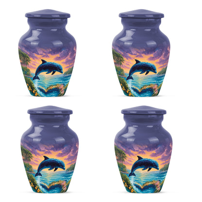 Sapphire Blue Dolphin Cremation Urn side profile showing urn shape - elegant classic dolphin relief with fine detailing - 10 inch aluminum urn for cremated remains