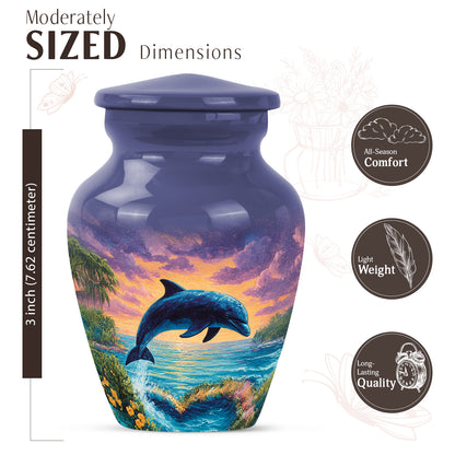 Sapphire Blue Dolphin Cremation Urn close-up of engraving and surface detail - traditional dolphin engraving with hand-polished finish - mini keepsake memorial for portion of cremation ashes