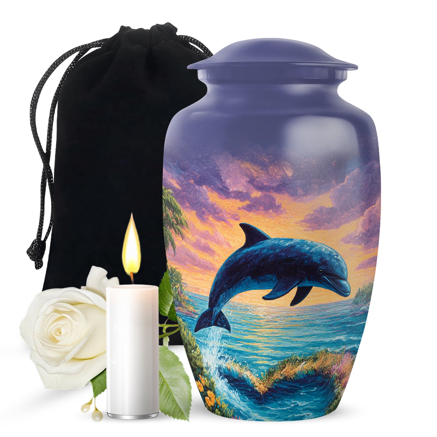 Vivid Blue Dolphin Cremation Urn angled view of lid and engraved motif - traditional dolphin engraving with hand-polished finish - full-size 10 inch 200 cubic inch adult cremation urn