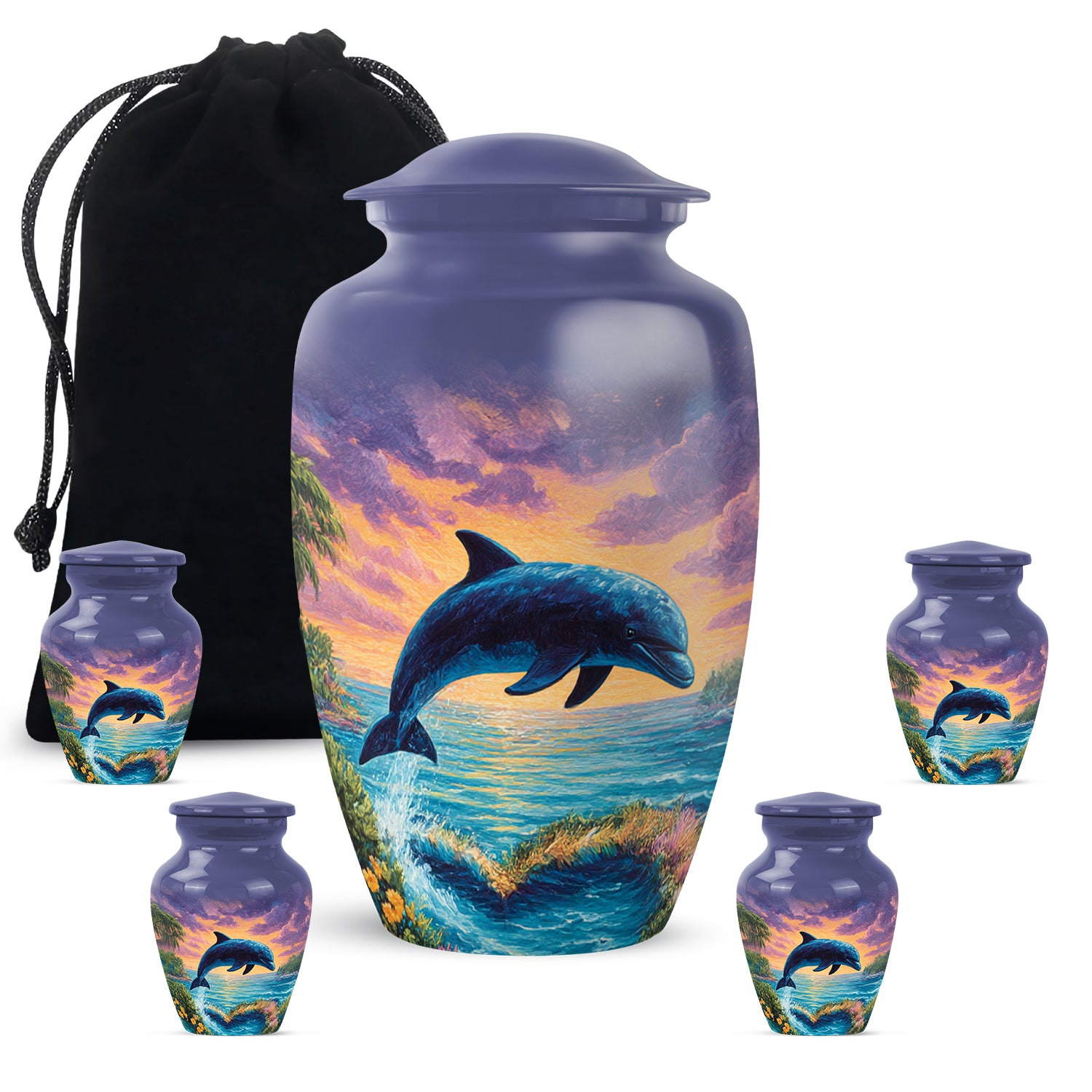 Vivid Blue Dolphin Cremation Urn top-down view of secure threaded lid - traditional dolphin engraving with hand-polished finish - memorial set with one large and four small urns
