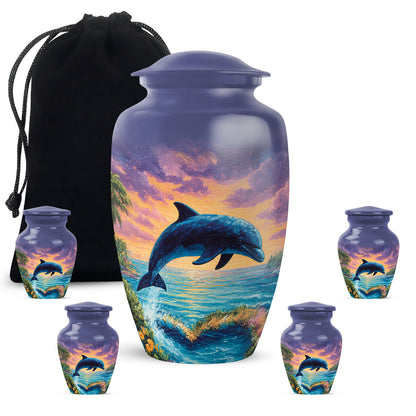 Vivid Blue Dolphin Cremation Urn top-down view of secure threaded lid - traditional dolphin engraving with hand-polished finish - memorial set with one large and four small urns
