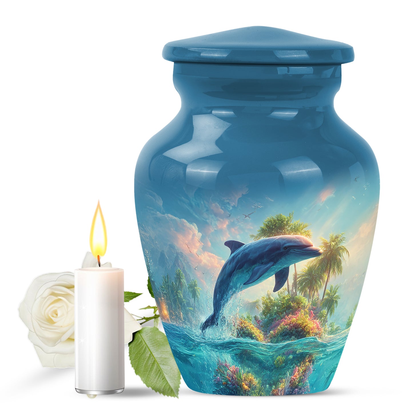 Blue Serene Dolphin Memorial Urn for Ashes - 10-inch, 200 cu in - Yatskia
