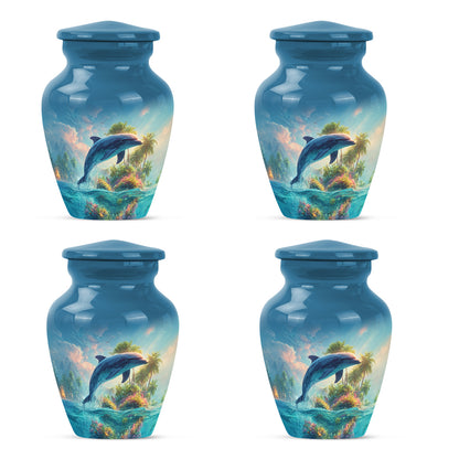 Celestial Blue Dolphin Cremation Urn side profile showing urn shape - classic sculpted dolphin pattern on smooth aluminum - 10 inch aluminum urn for cremated remains