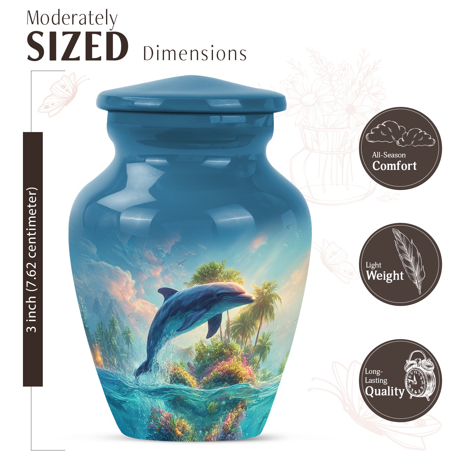 Icy Blue Dolphin Cremation Urn close-up of engraving and surface detail - classic sculpted dolphin pattern on smooth aluminum - mini keepsake memorial for portion of cremation ashes