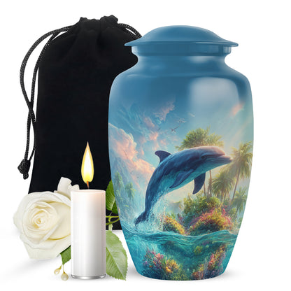 Vivid Blue Dolphin Cremation Urn angled view of lid and engraved motif - elegant classic dolphin relief with fine detailing - full-size 10 inch 200 cubic inch adult cremation urn