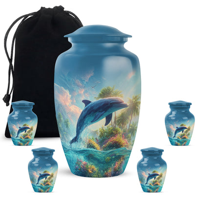 Navy Blue Dolphin Cremation Urn top-down view of secure threaded lid - timeless dolphin motif etched into premium metal - memorial set with one large and four small urns