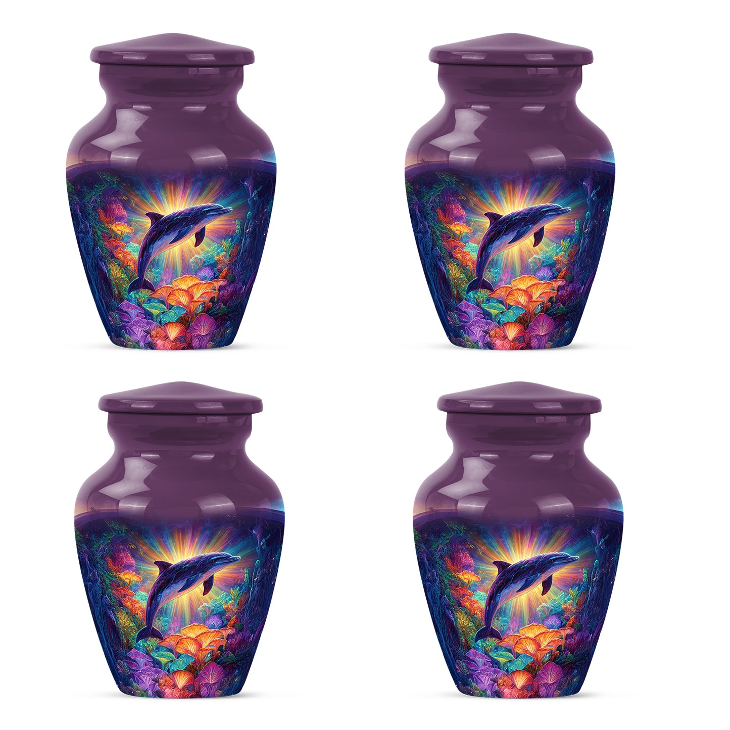 Coral Pink Dolphin Cremation Urn side profile showing urn shape - timeless dolphin motif etched into premium metal - 10 inch aluminum urn for cremated remains