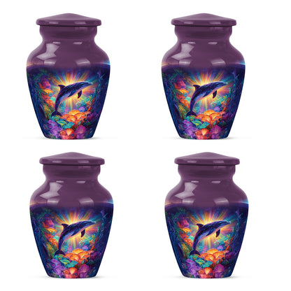 Coral Pink Dolphin Cremation Urn side profile showing urn shape - timeless dolphin motif etched into premium metal - 10 inch aluminum urn for cremated remains