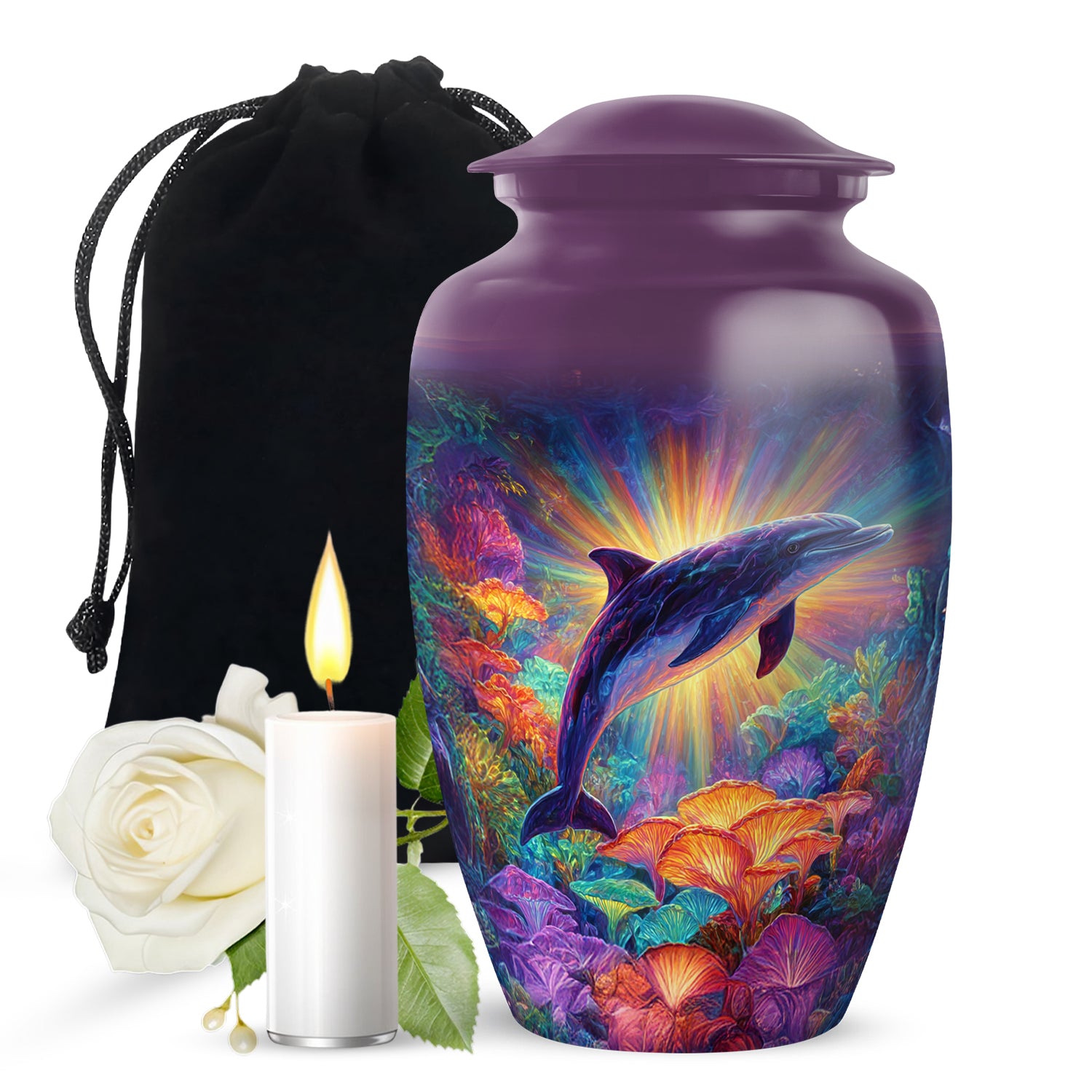 Pastel Pink Dolphin Cremation Urn angled view of lid and engraved motif - timeless dolphin motif etched into premium metal - full-size 10 inch 200 cubic inch adult cremation urn