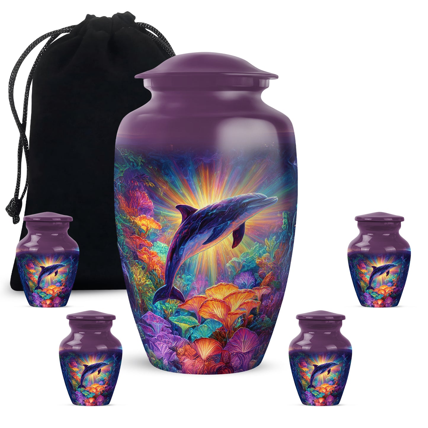 Petal Pink Dolphin Cremation Urn top-down view of secure threaded lid - traditional dolphin engraving with hand-polished finish - memorial set with one large and four small urns