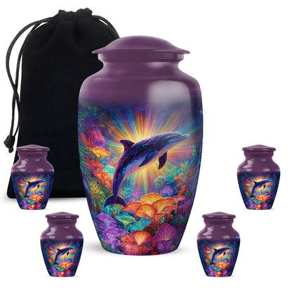 Petal Pink Dolphin Cremation Urn top-down view of secure threaded lid - traditional dolphin engraving with hand-polished finish - memorial set with one large and four small urns