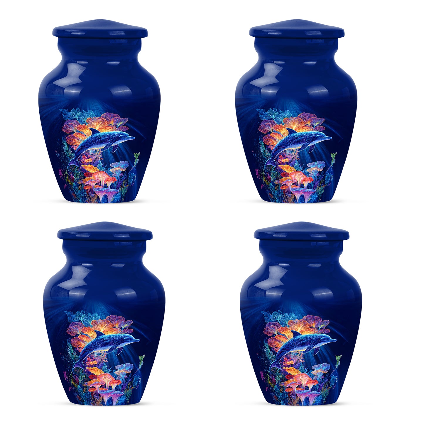 Vivid Blue Dolphin Cremation Urn side profile showing urn shape - traditional dolphin engraving with hand-polished finish - 10 inch aluminum urn for cremated remains