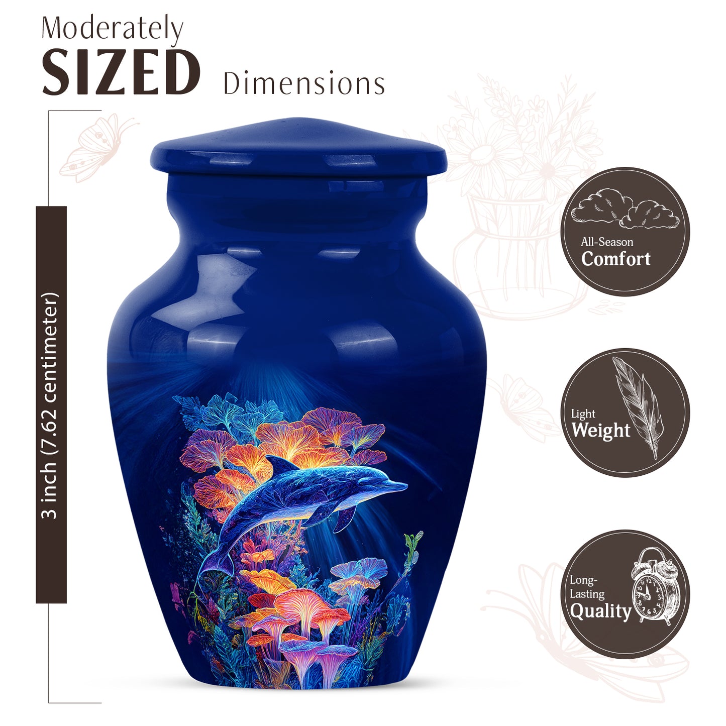 Sapphire Blue Dolphin Cremation Urn close-up of engraving and surface detail - elegant classic dolphin relief with fine detailing - mini keepsake memorial for portion of cremation ashes