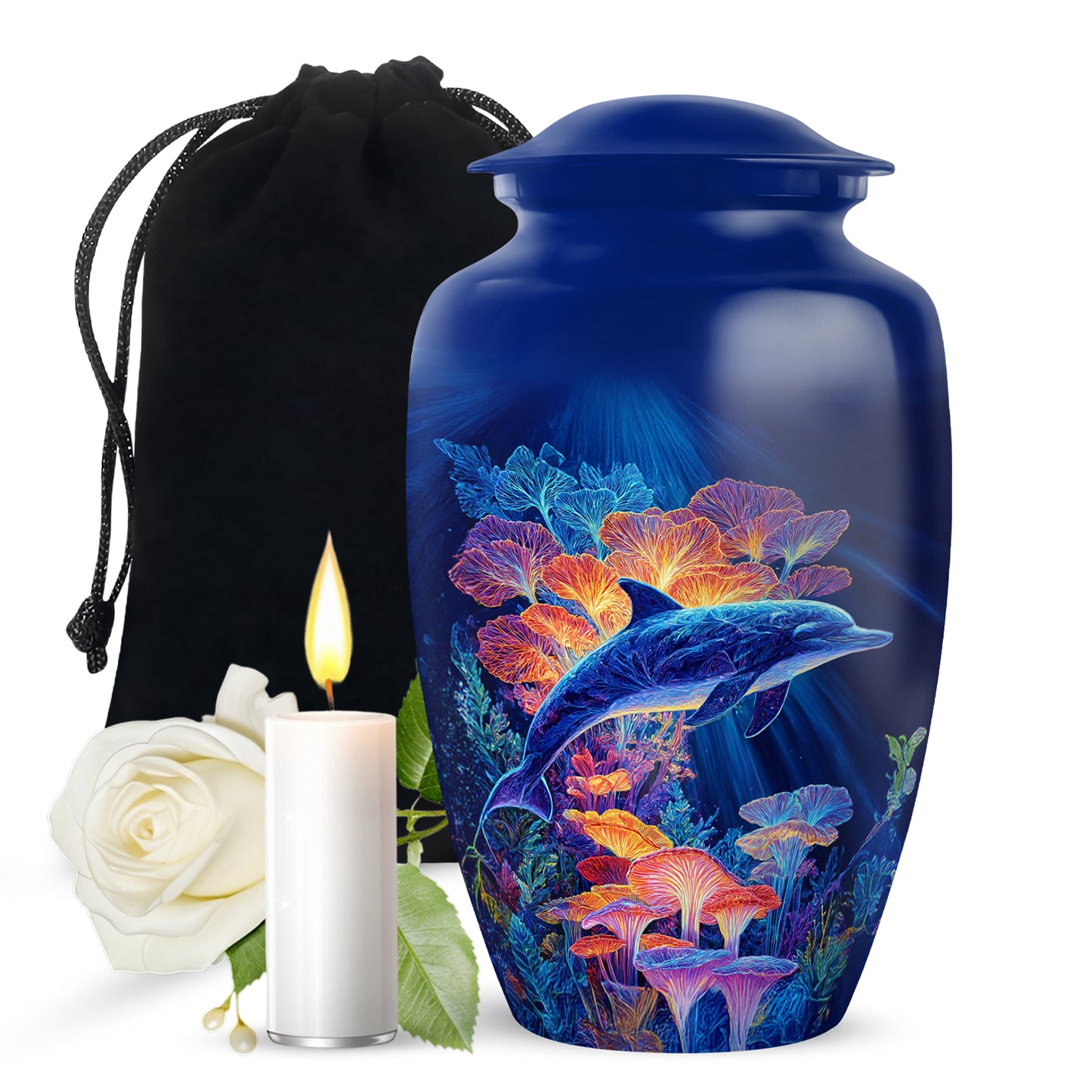 Cornflower Blue Dolphin Cremation Urn angled view of lid and engraved motif - traditional dolphin engraving with hand-polished finish - full-size 10 inch 200 cubic inch adult cremation urn