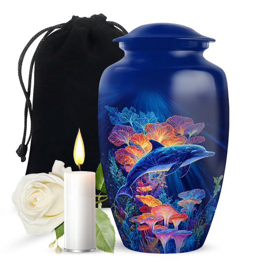 Cornflower Blue Dolphin Cremation Urn angled view of lid and engraved motif - traditional dolphin engraving with hand-polished finish - full-size 10 inch 200 cubic inch adult cremation urn