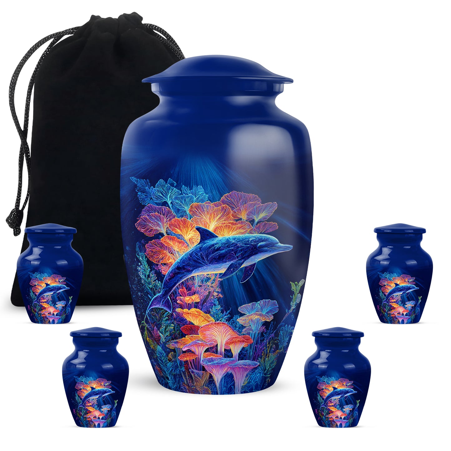 Dusty Blue Dolphin Cremation Urn top-down view of secure threaded lid - classic sculpted dolphin pattern on smooth aluminum - memorial set with one large and four small urns