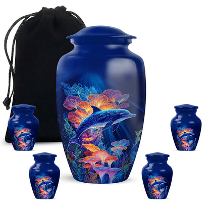 Dusty Blue Dolphin Cremation Urn top-down view of secure threaded lid - classic sculpted dolphin pattern on smooth aluminum - memorial set with one large and four small urns