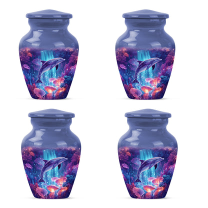 Pastel Blue Dolphin Cremation Urn side profile showing urn shape - classic sculpted dolphin pattern on smooth aluminum - 10 inch aluminum urn for cremated remains