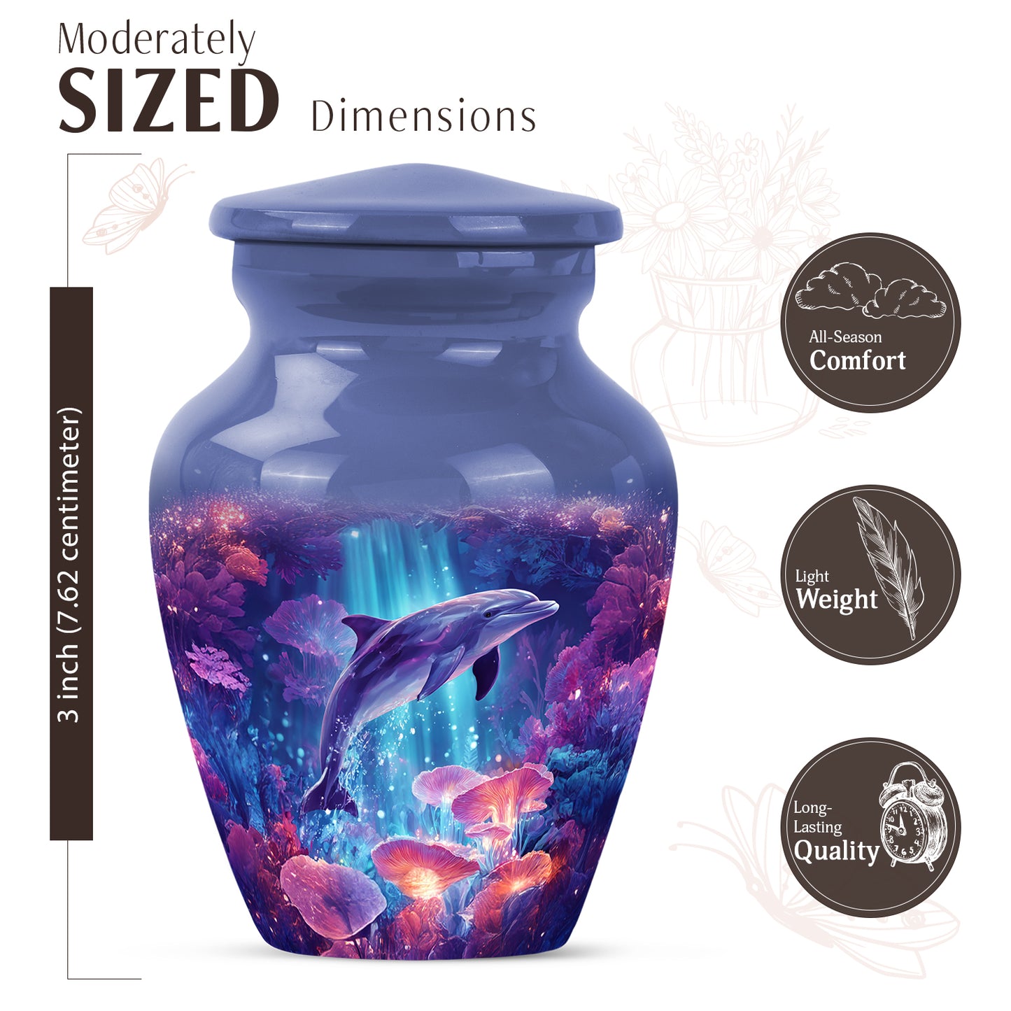 Sapphire Blue Dolphin Cremation Urn close-up of engraving and surface detail - elegant classic dolphin relief with fine detailing - mini keepsake memorial for portion of cremation ashes