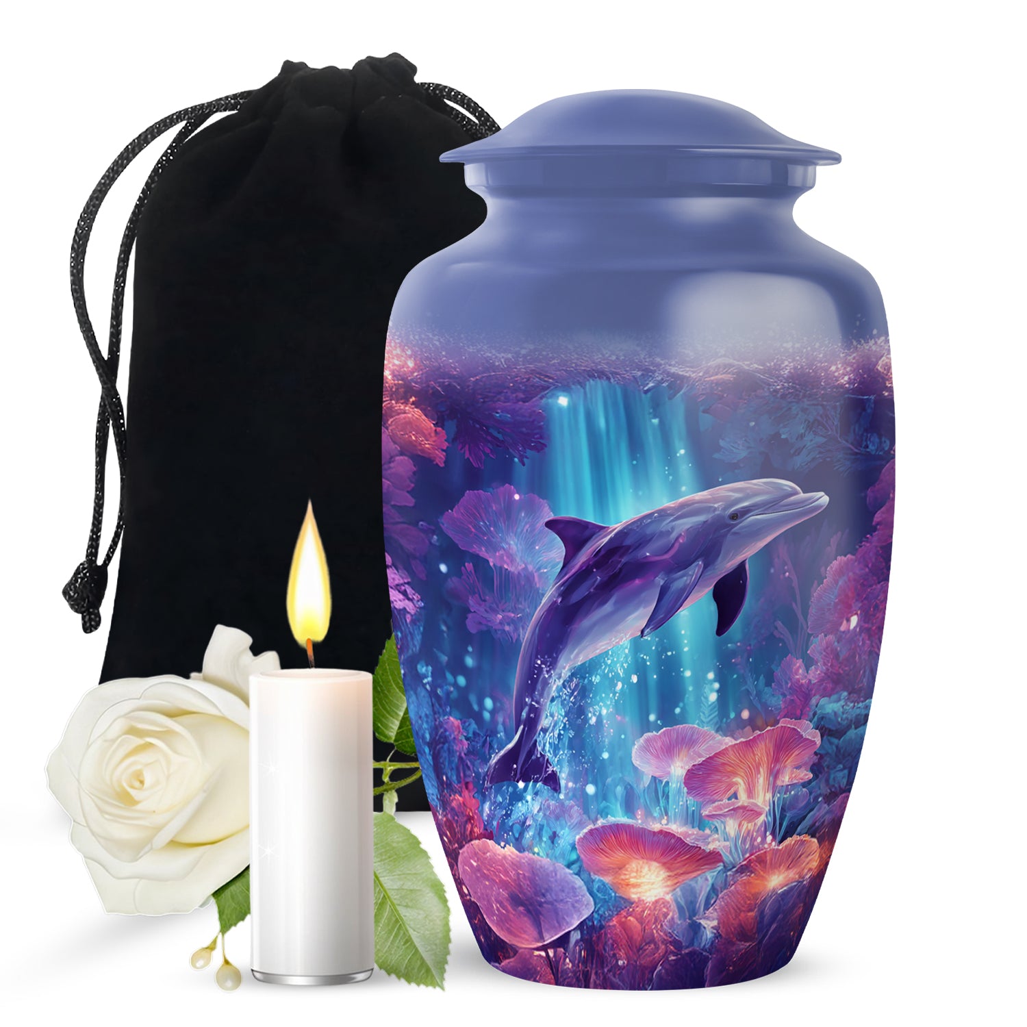 Pastel Blue Dolphin Cremation Urn angled view of lid and engraved motif - timeless dolphin motif etched into premium metal - full-size 10 inch 200 cubic inch adult cremation urn