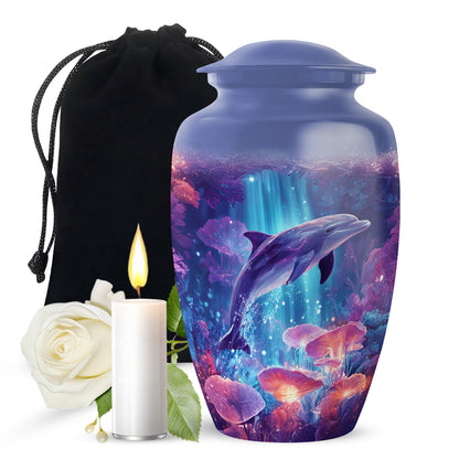 Pastel Blue Dolphin Cremation Urn angled view of lid and engraved motif - timeless dolphin motif etched into premium metal - full-size 10 inch 200 cubic inch adult cremation urn