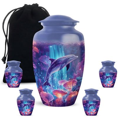 Misty Blue Dolphin Cremation Urn top-down view of secure threaded lid - timeless dolphin motif etched into premium metal - memorial set with one large and four small urns