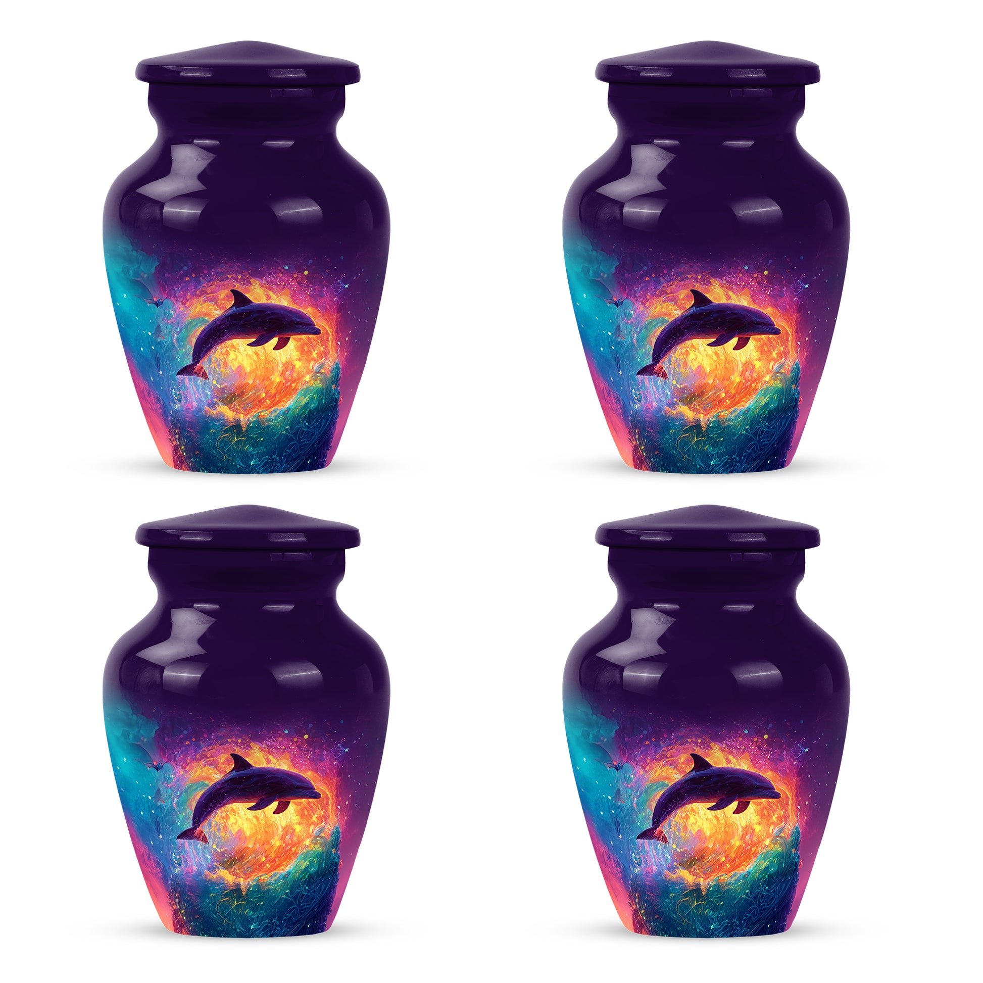 Orchid Purple Dolphin Cremation Urn side profile showing urn shape - timeless dolphin motif etched into premium metal - 10 inch aluminum urn for cremated remains