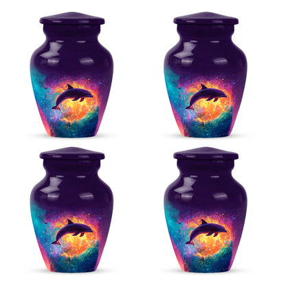 Orchid Purple Dolphin Cremation Urn side profile showing urn shape - timeless dolphin motif etched into premium metal - 10 inch aluminum urn for cremated remains