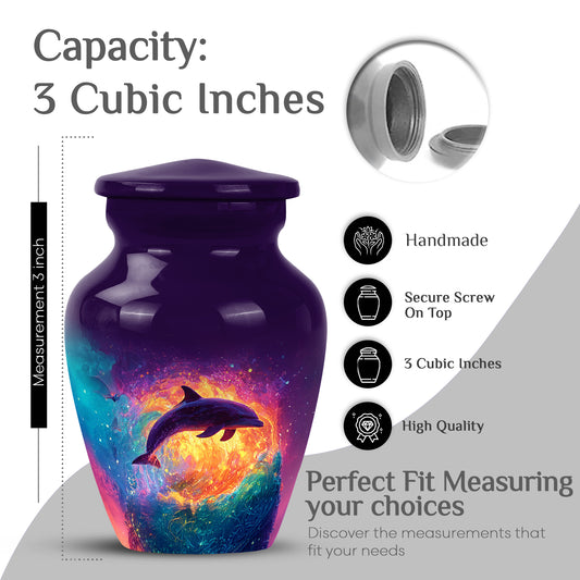 Royal Purple Dolphin Cremation Urn close-up of engraving and surface detail - traditional dolphin engraving with hand-polished finish - mini keepsake memorial for portion of cremation ashes