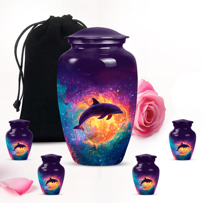 Violet Purple Dolphin Cremation Urn top-down view of secure threaded lid - traditional dolphin engraving with hand-polished finish - memorial set with one large and four small urns
