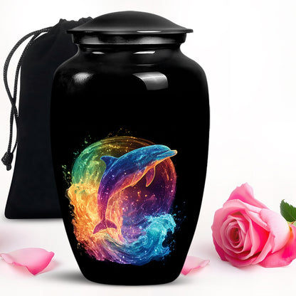 Dark Black Dolphin Cremation Urn angled view of lid and engraved motif - traditional dolphin engraving with hand-polished finish - full-size 10 inch 200 cubic inch adult cremation urn