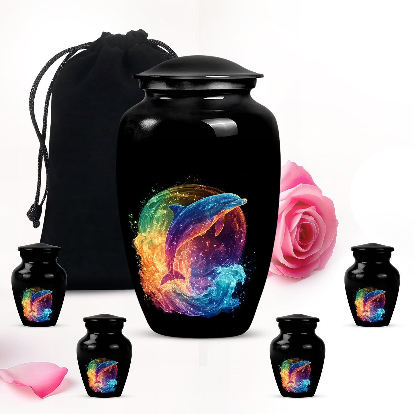 Obsidian Black Dolphin Cremation Urn top-down view of secure threaded lid - elegant classic dolphin relief with fine detailing - memorial set with one large and four small urns