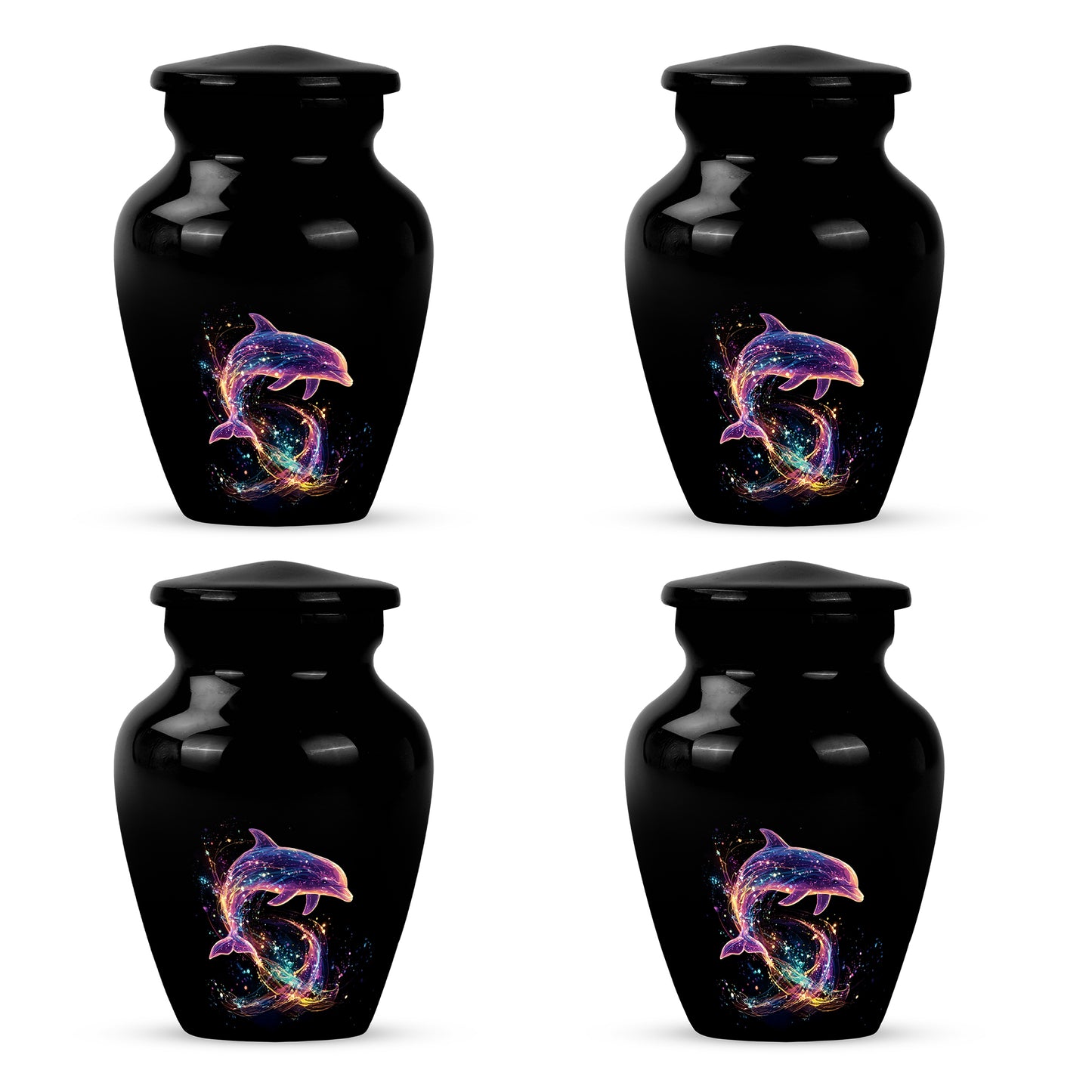 Midnight Black Dolphin Cremation Urn side profile showing urn shape - traditional dolphin engraving with hand-polished finish - 10 inch aluminum urn for cremated remains
