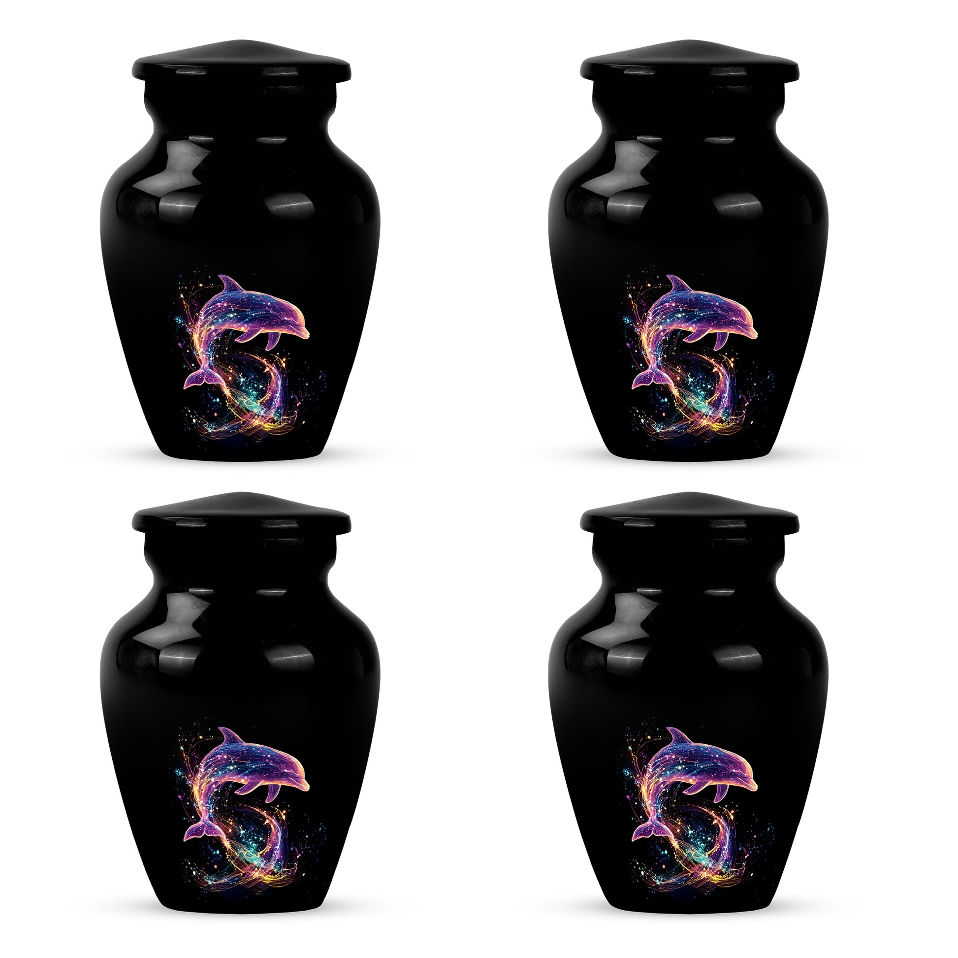 Midnight Black Dolphin Cremation Urn side profile showing urn shape - traditional dolphin engraving with hand-polished finish - 10 inch aluminum urn for cremated remains