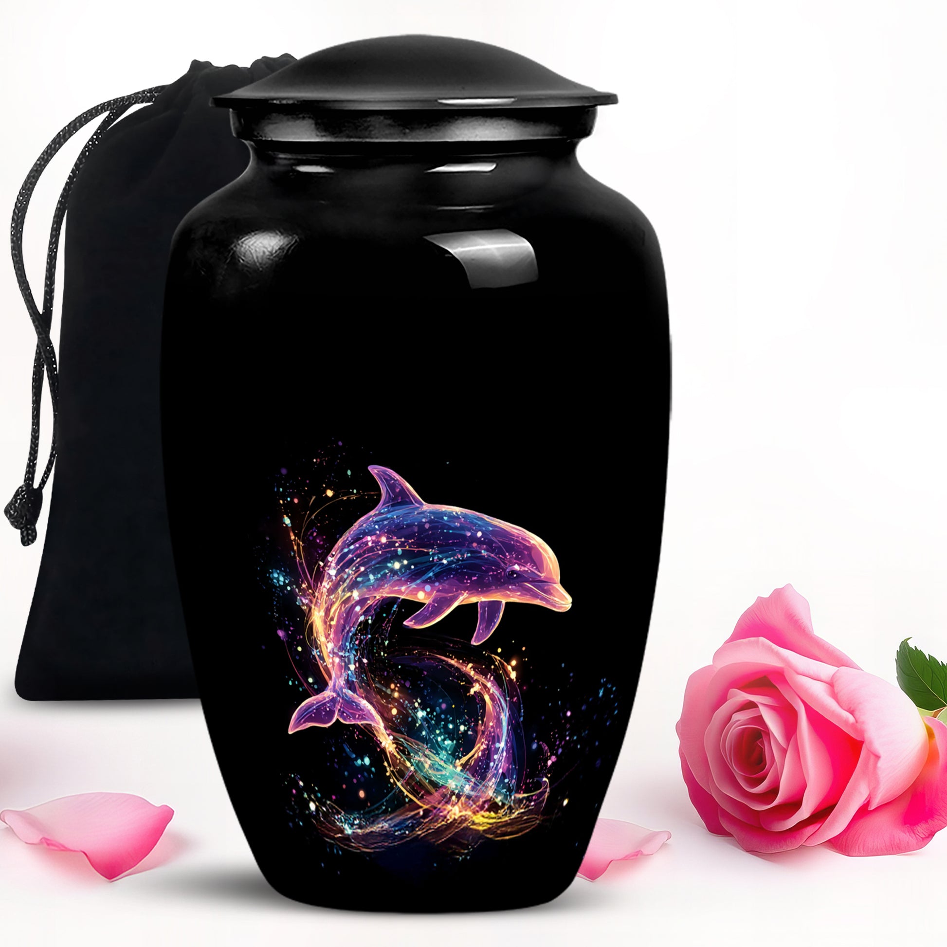 Glossy Black Dolphin Cremation Urn angled view of lid and engraved motif - timeless dolphin motif etched into premium metal - full-size 10 inch 200 cubic inch adult cremation urn