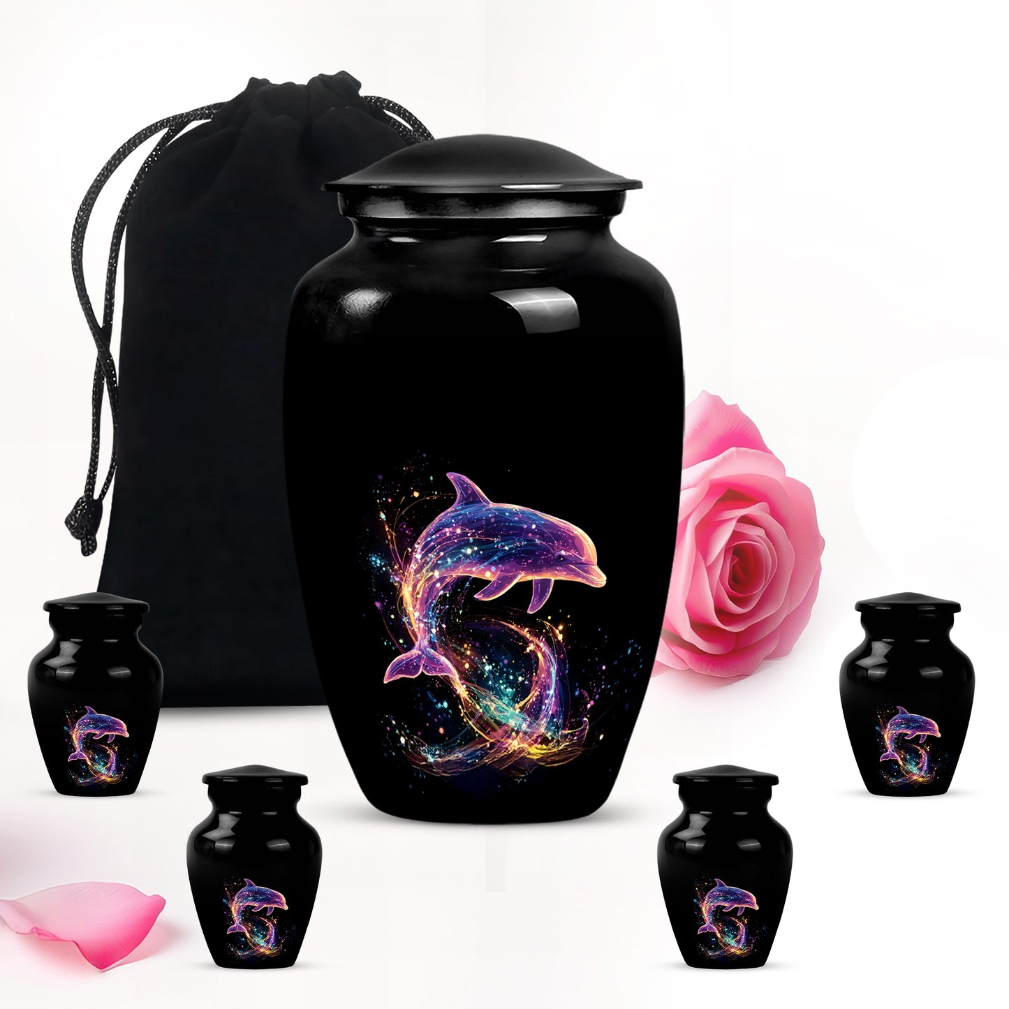 Onyx Black Dolphin Cremation Urn top-down view of secure threaded lid - elegant classic dolphin relief with fine detailing - memorial set with one large and four small urns