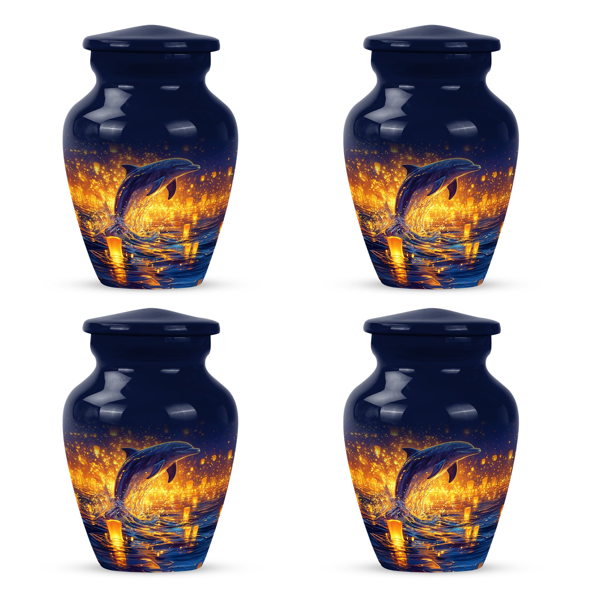 Serene Blue Dolphin Cremation Urn side profile showing urn shape - traditional dolphin engraving with hand-polished finish - 10 inch aluminum urn for cremated remains