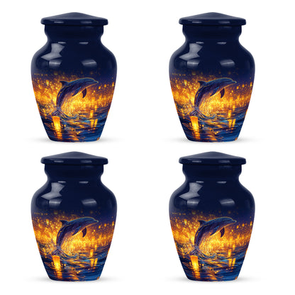 Serene Blue Dolphin Cremation Urn side profile showing urn shape - traditional dolphin engraving with hand-polished finish - 10 inch aluminum urn for cremated remains