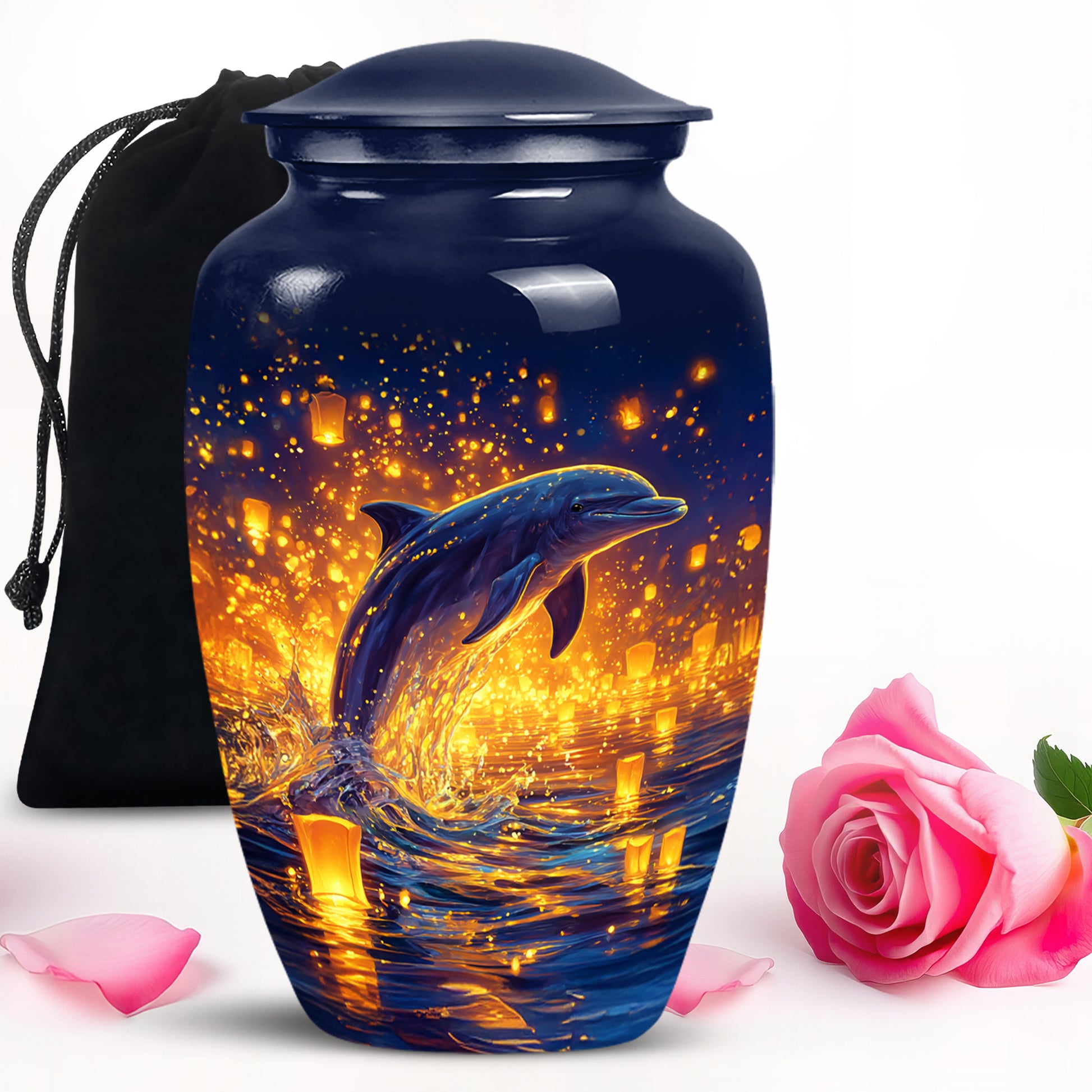 Soft Blue Dolphin Cremation Urn angled view of lid and engraved motif - traditional dolphin engraving with hand-polished finish - full-size 10 inch 200 cubic inch adult cremation urn