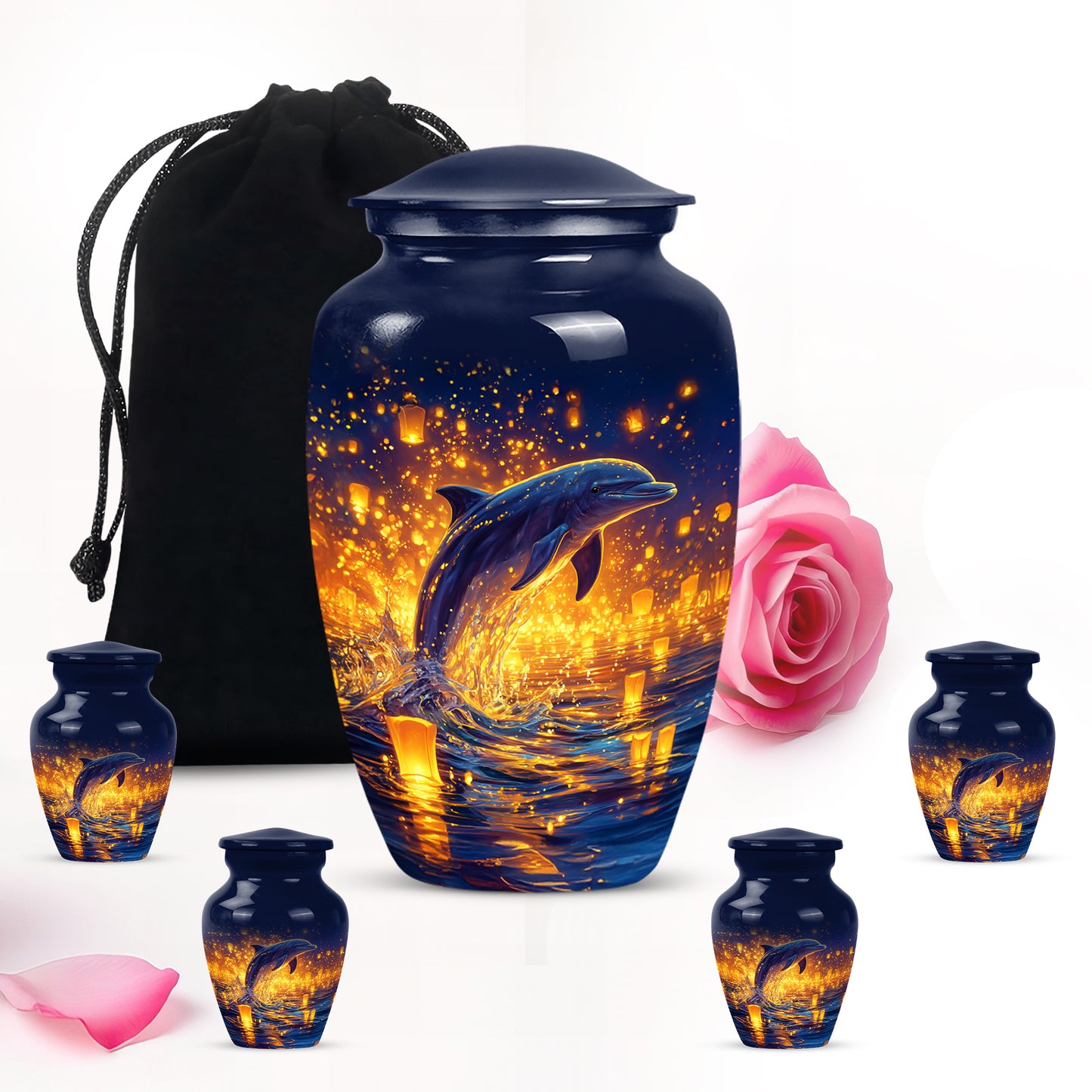 Cornflower Blue Dolphin Cremation Urn top-down view of secure threaded lid - elegant classic dolphin relief with fine detailing - memorial set with one large and four small urns
