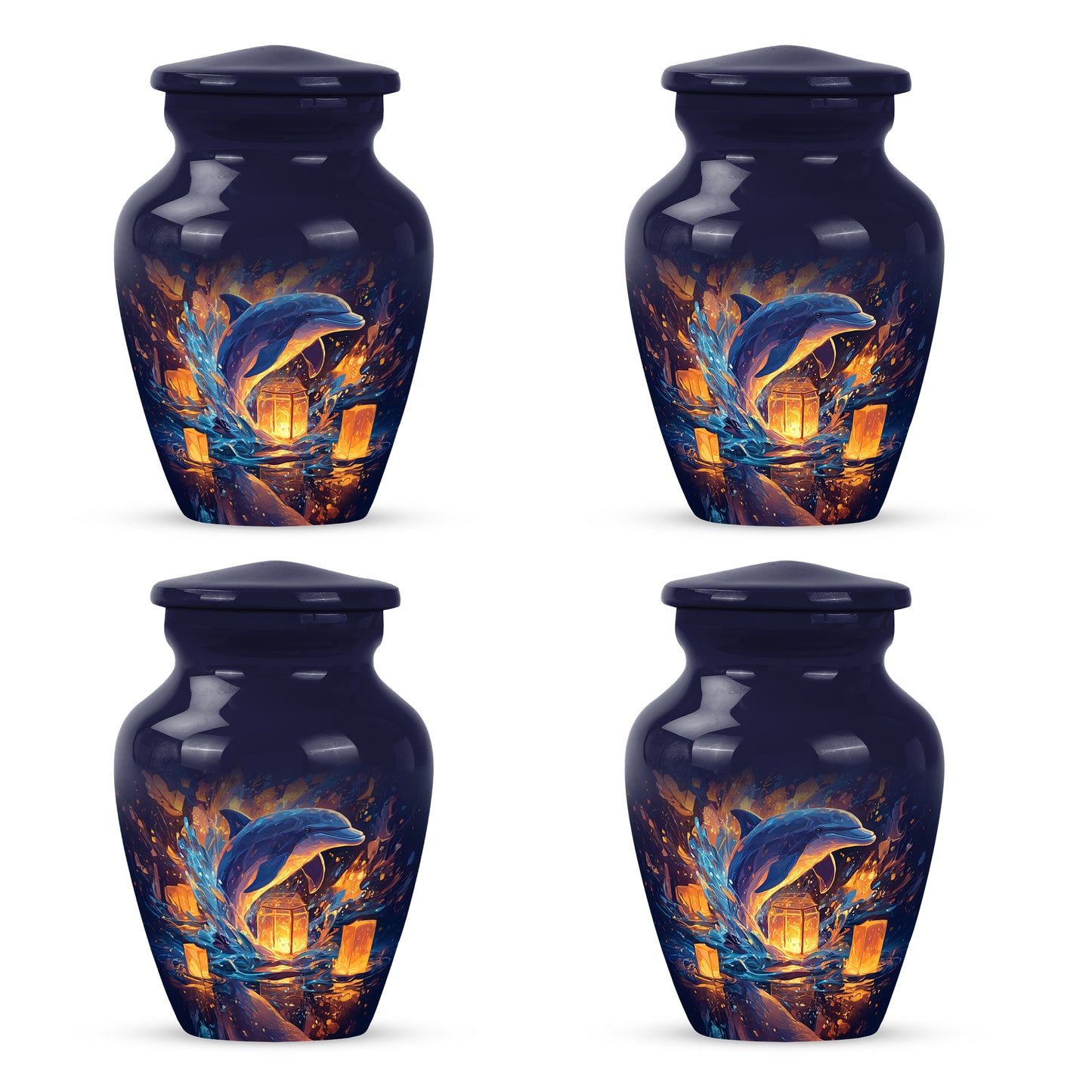 Sapphire Blue Dolphin Cremation Urn side profile showing urn shape - elegant classic dolphin relief with fine detailing - 10 inch aluminum urn for cremated remains