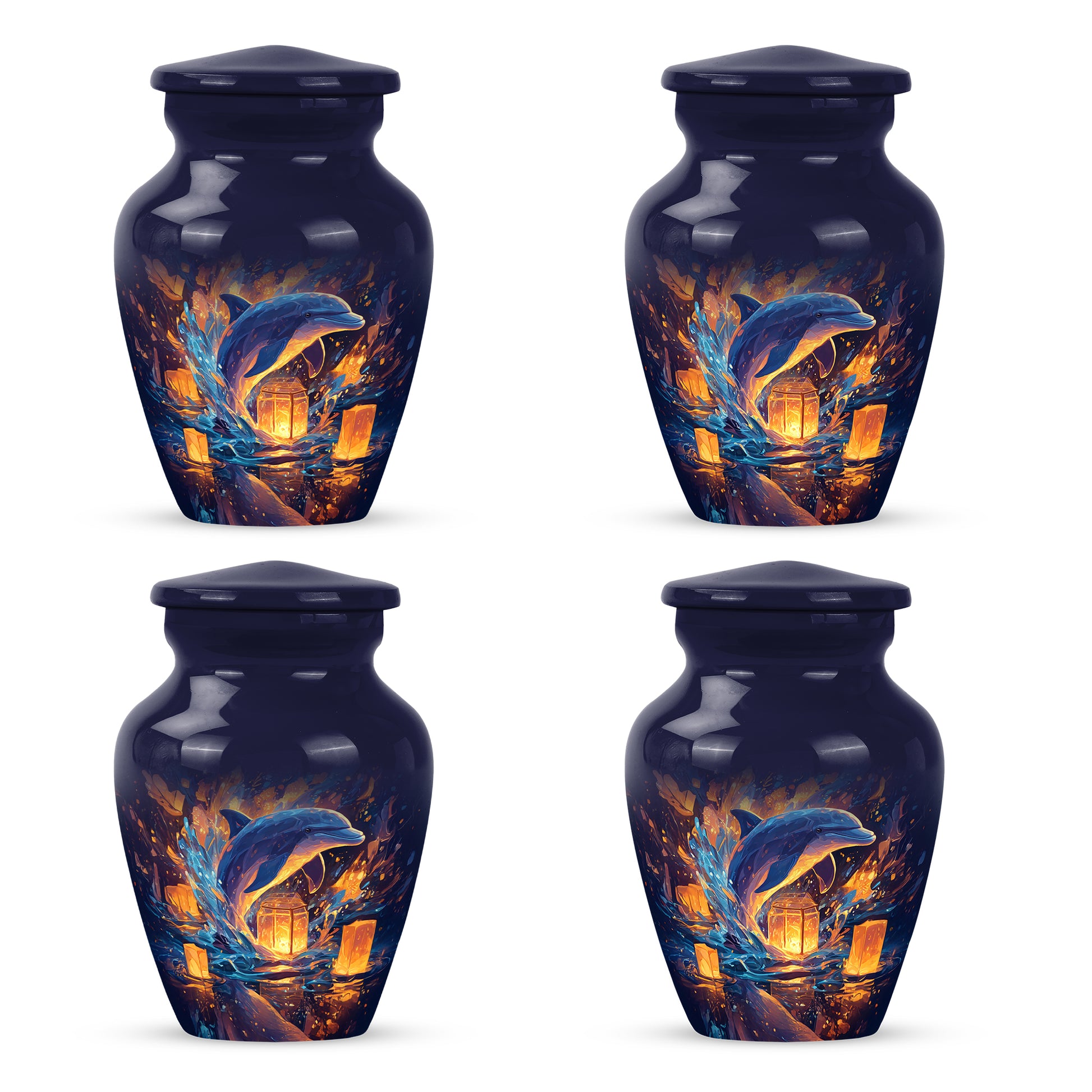 Sapphire Blue Dolphin Cremation Urn side profile showing urn shape - elegant classic dolphin relief with fine detailing - 10 inch aluminum urn for cremated remains