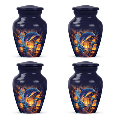 Sapphire Blue Dolphin Cremation Urn side profile showing urn shape - elegant classic dolphin relief with fine detailing - 10 inch aluminum urn for cremated remains